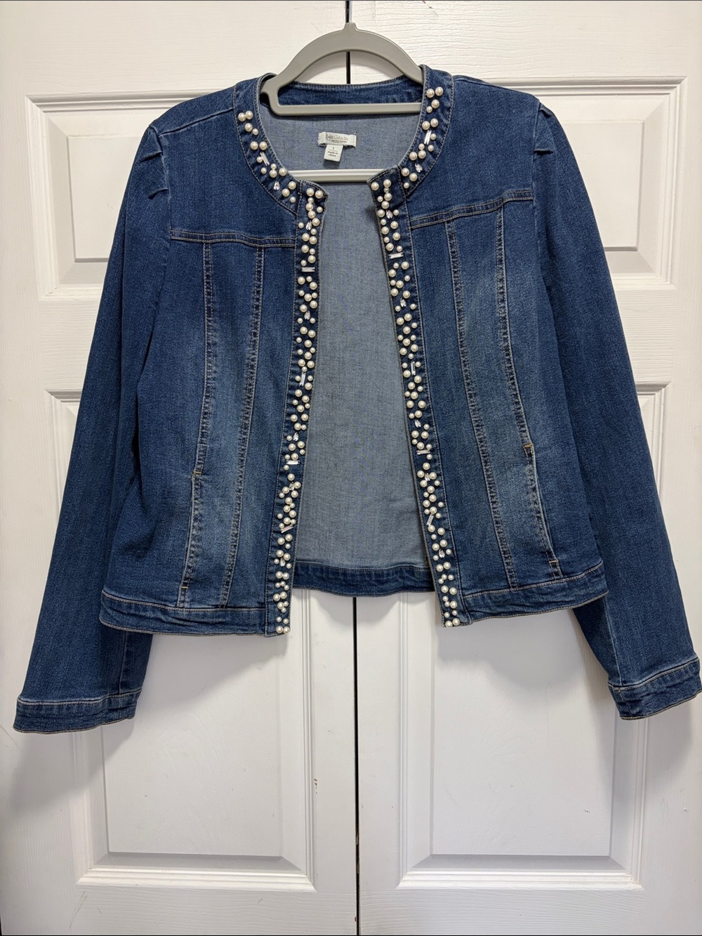 Cato Blue Denim Jacket with Pearl Trim Sz large